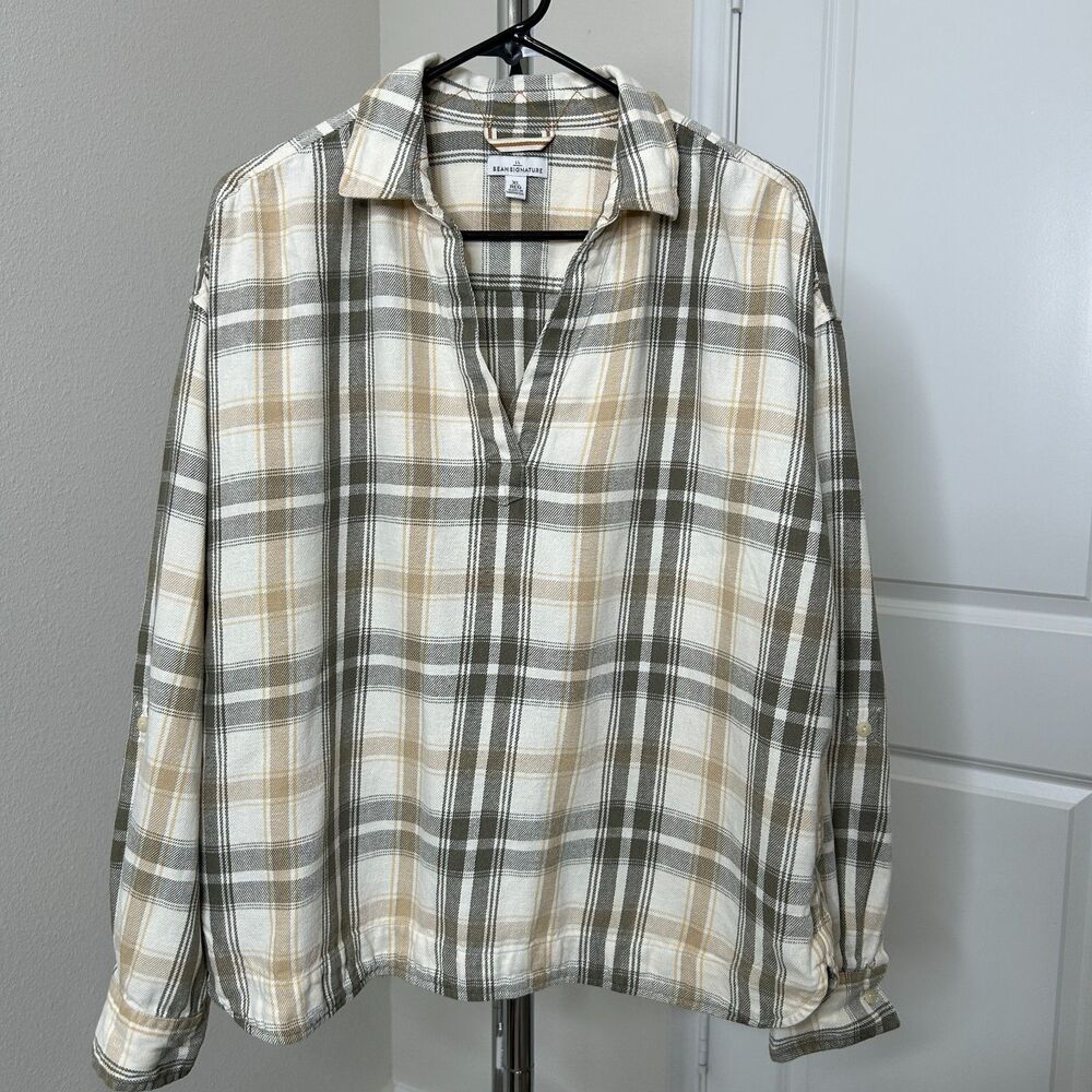 L.L. Bean Womens Popover Shirt XL Beige Green Plaid Hemp Cotton Blend Cabincore
